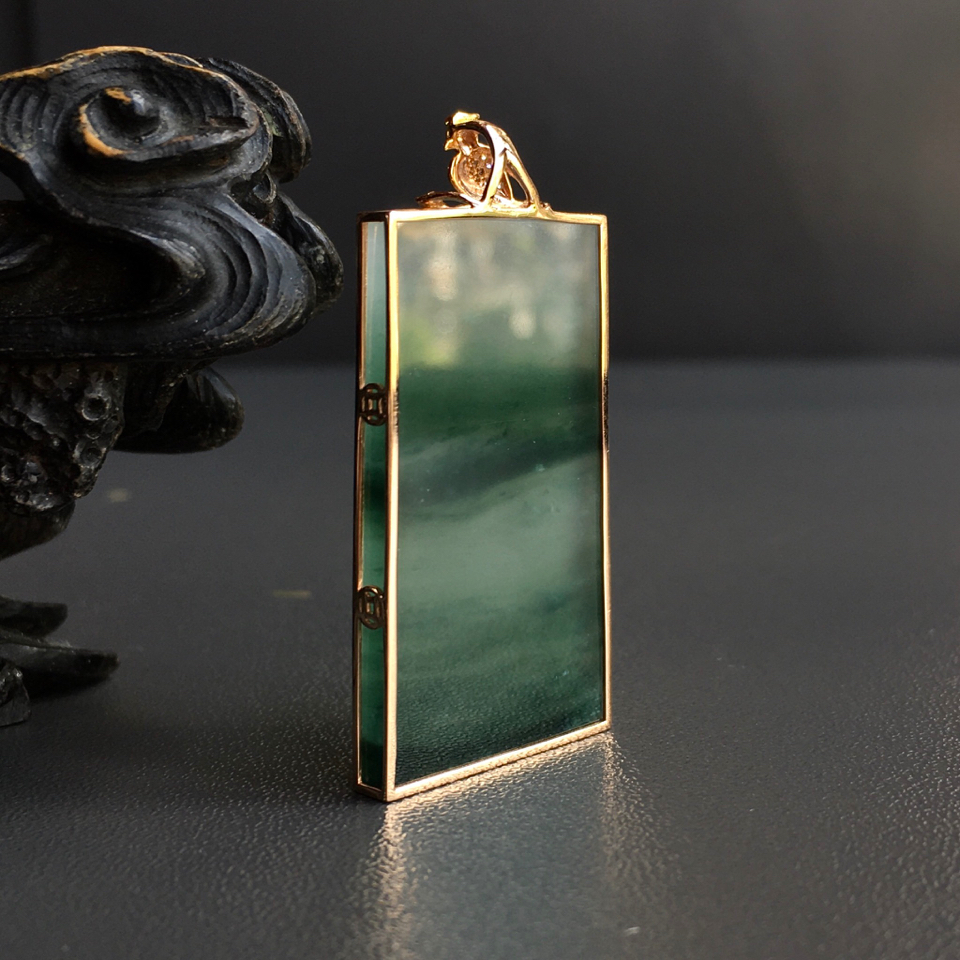 冰种飘花镶玫瑰金平安无事牌挂件翡翠