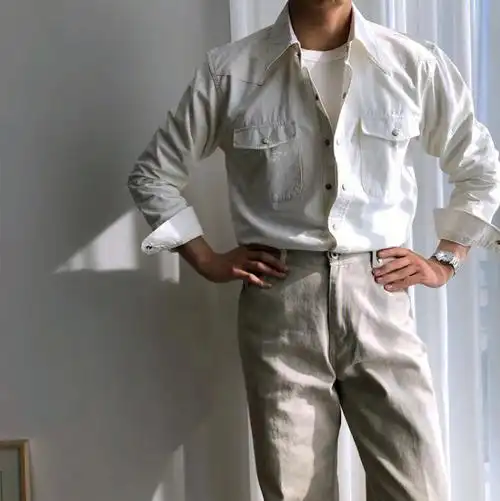 通勤型男ootd男生春秋季白色牛仔衬衫穿搭