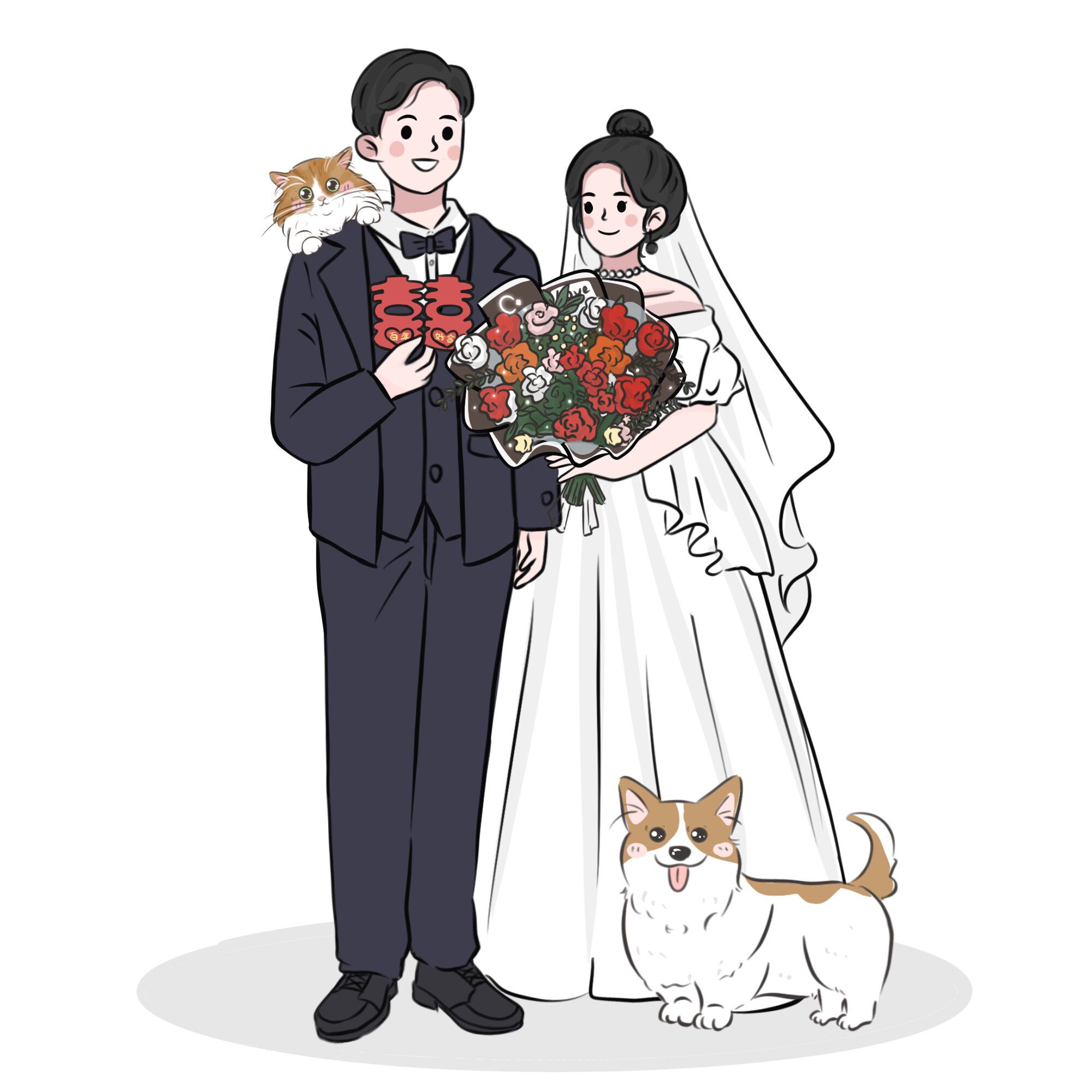 卡通漫画情侣定制设计可爱蜡笔图案结婚软萌真人手绘真人漫画