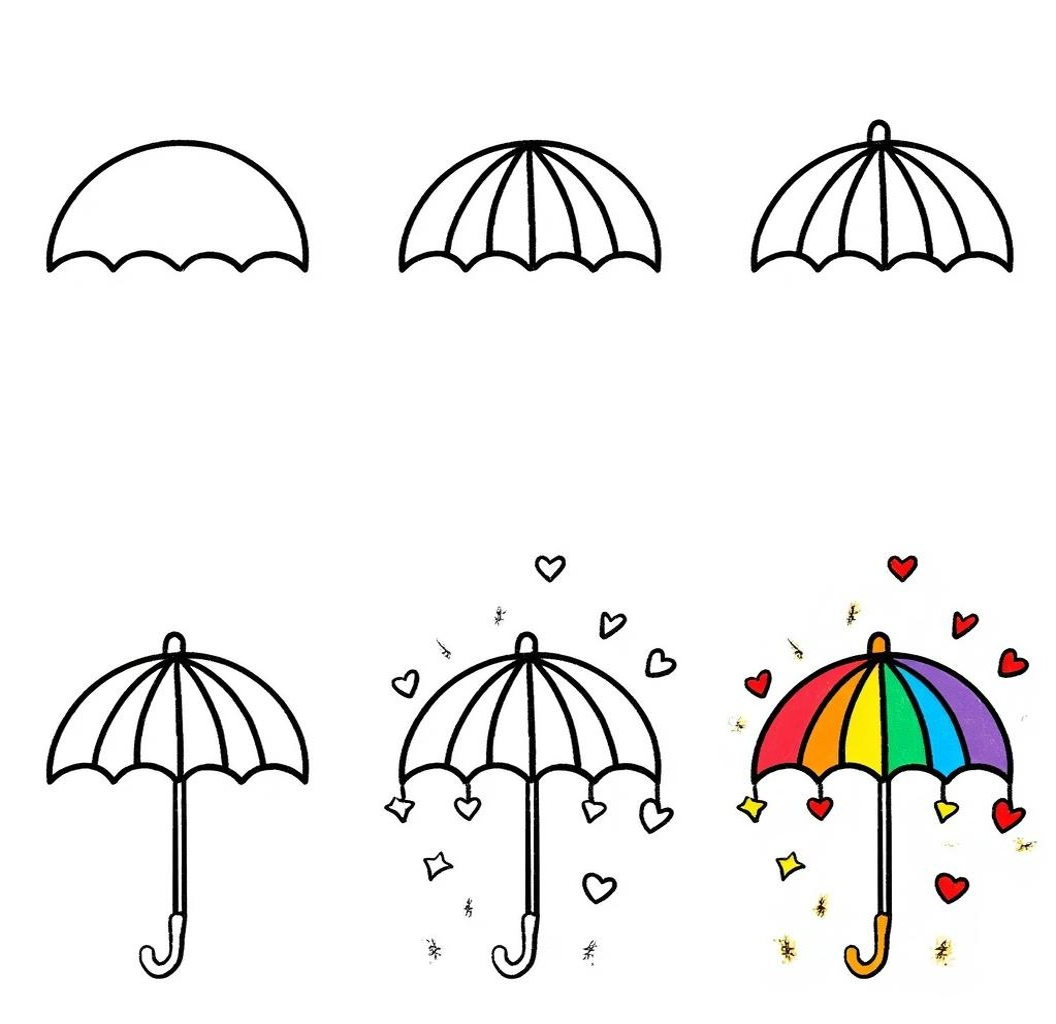 画的时候,记得先勾勒出雨伞的轮廓,再添上几笔细节,一把可爱的小雨伞