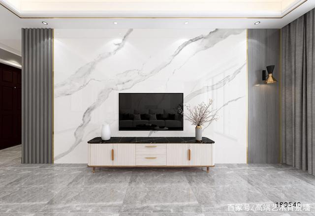 新款悬挂式轻奢电视背景墙效果图源于「漫美石材背景墙」