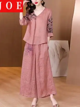 kjoe品牌民族风夏装女棉麻套装复古女装亚麻上衣阔腿裤两件套粉色套装