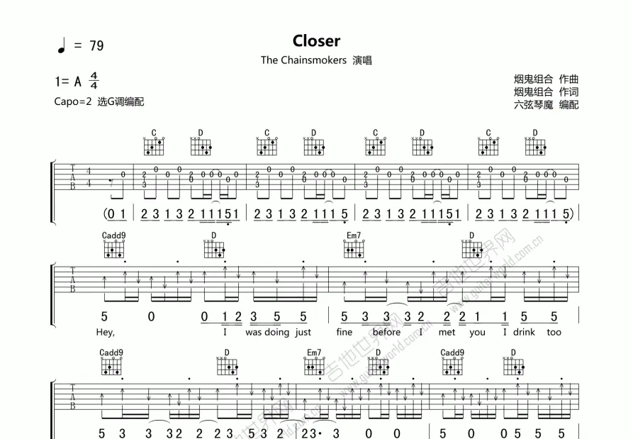 closer吉他谱_the chainsmokers_g调弹唱吉他谱 - 吉他世界