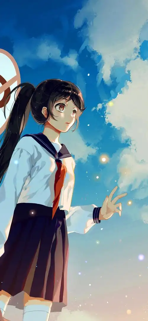 路边指示牌下的马尾辫动漫女孩手机背景