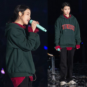 iu李智恩明星同款演唱会绿色宽松字母刺绣套头连帽加绒卫衣外套女