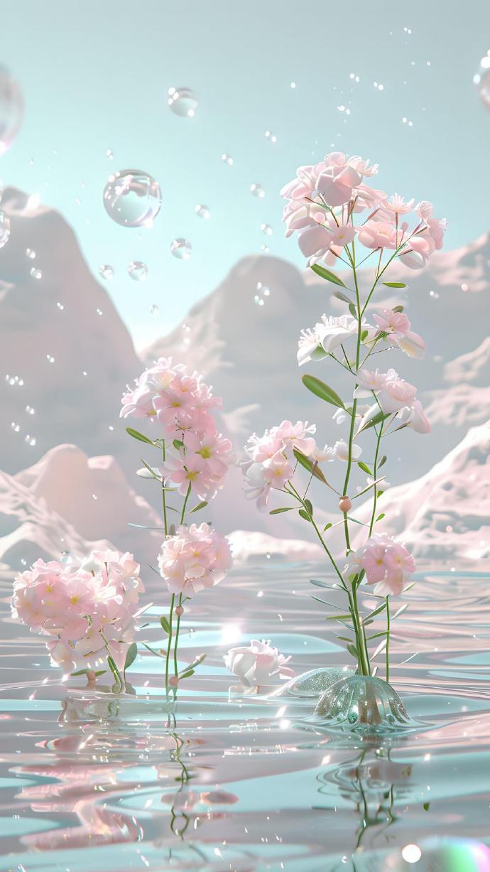 晶莹剔透的淡粉色花朵植物壁纸 梦幻冰山#壁纸