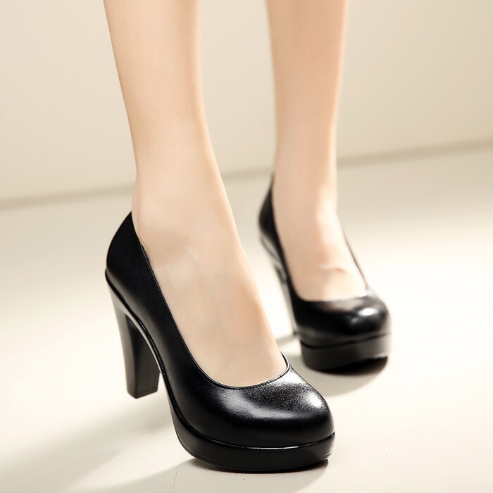 8cm高跟工作鞋女真真皮黑色春秋秋浅职业鞋圆头单鞋