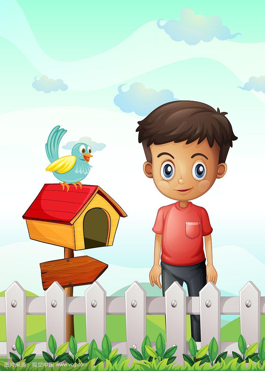 一个男孩在厕所附近,有一只鸟和一个木头