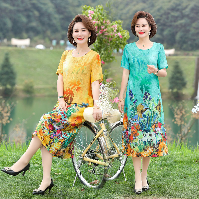 妈妈夏装连衣裙短袖新款薄40岁50洋气大码中老年女装花色气质裙子