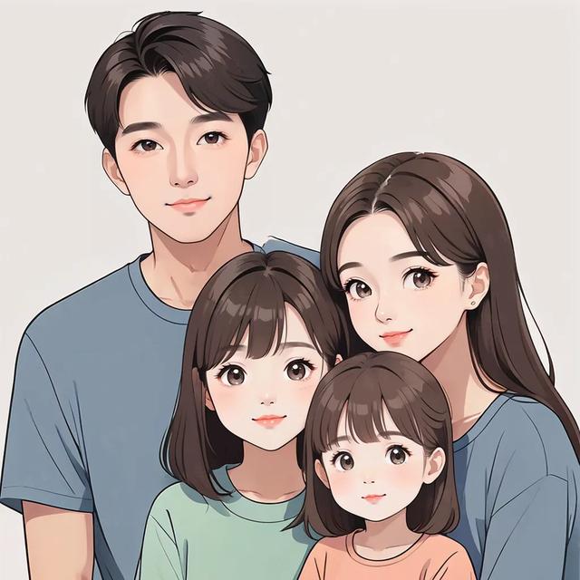 亲子头像|双胞胎女孩一家四口手绘插画头像