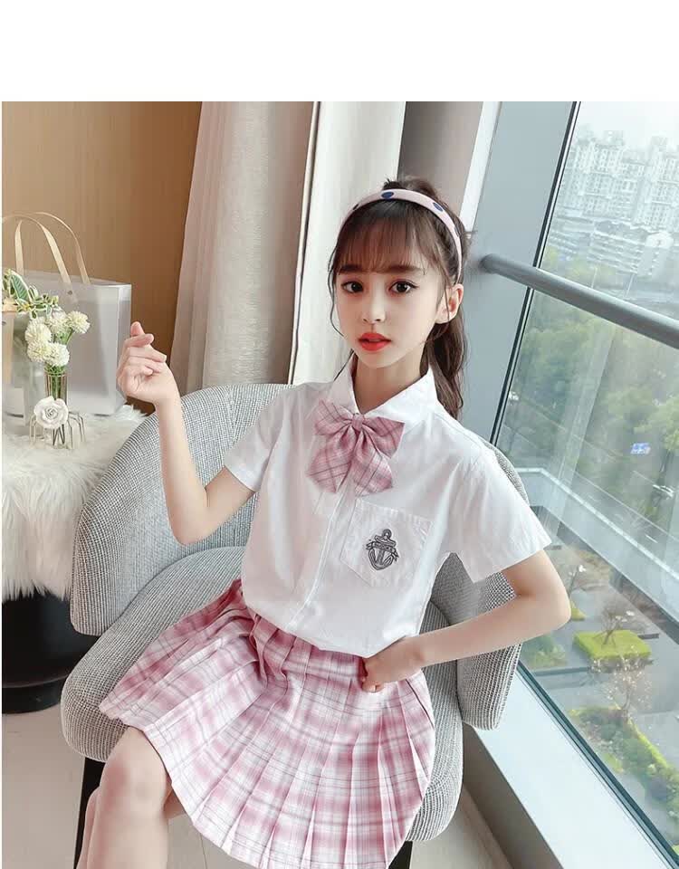 小女孩的jk制服jk套装夏装2021夏季小学生校服zk女孩格子短裙两浅蓝色