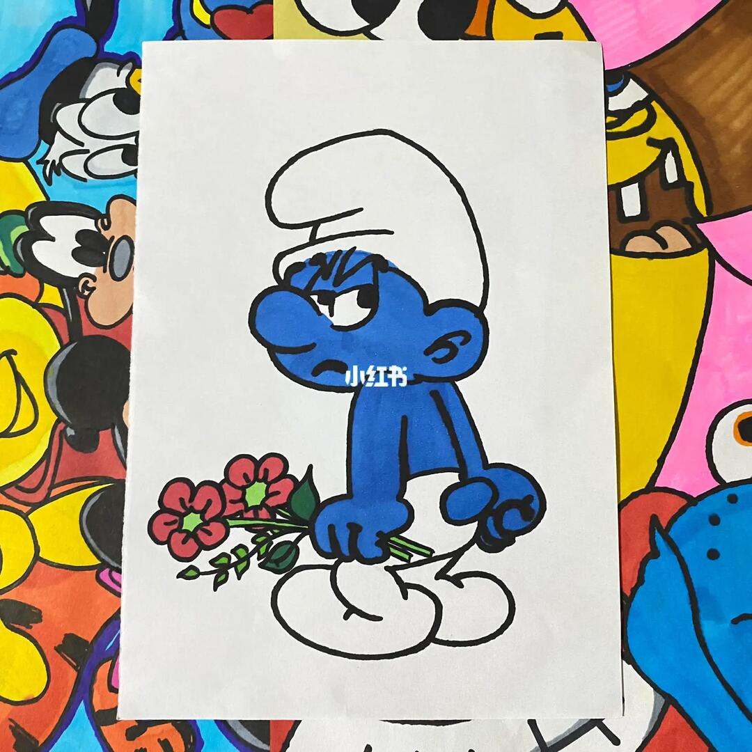 简笔画手绘马克笔蓝精灵0269