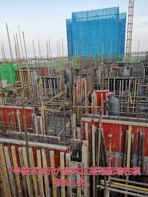 3,7号楼东单元六层木工搭架配墙柱模板,4人施工