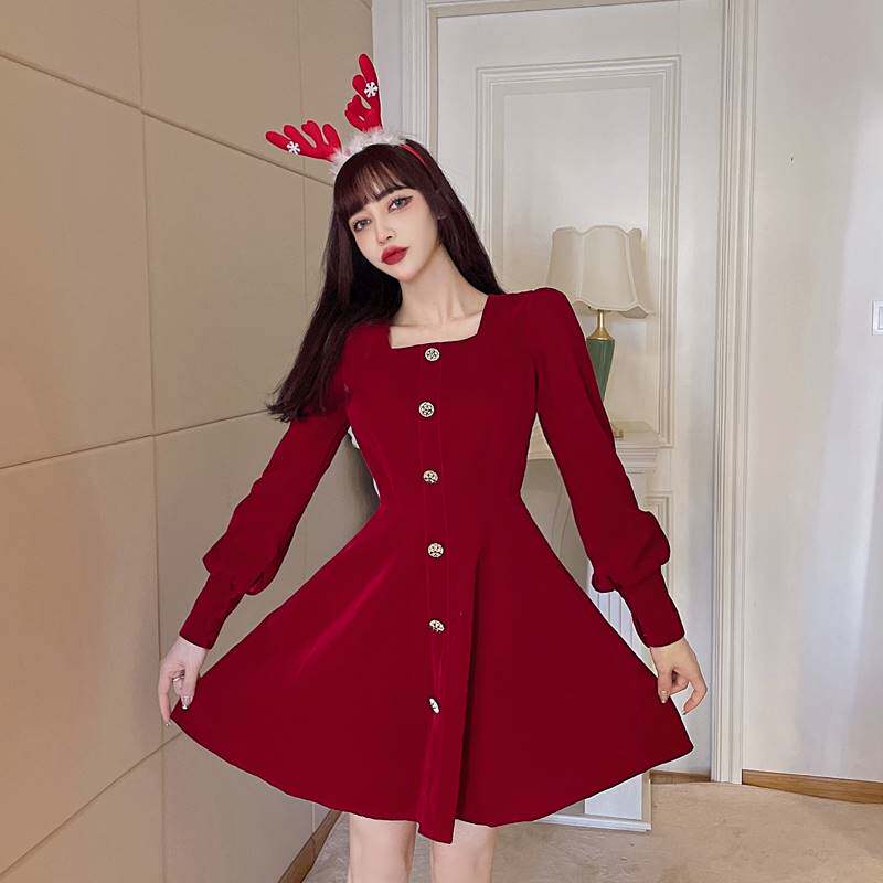 法式复古红色方领长袖丝绒小个子连衣裙女新年会礼服衣服圣诞秋冬