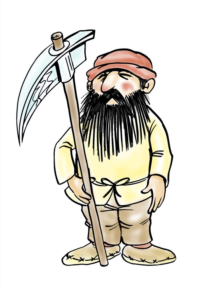 农民白上孤立,镰状白上孤立的卡通农夫