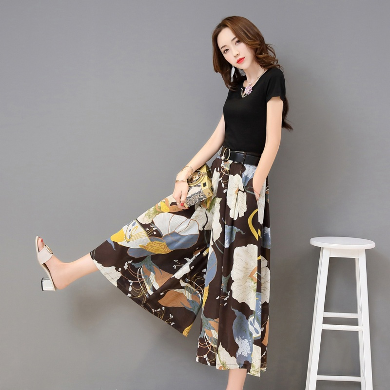 夏天女装时尚套装韩版时尚气质雪纺印花九分裤阔腿裙裤两件套休闲
