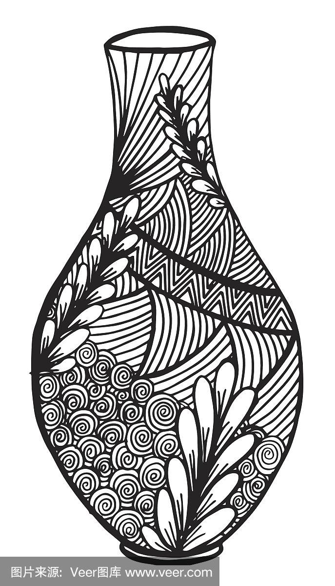 手绘矢量黑白花瓶涂鸦插图