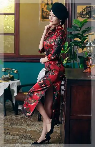 老上海真丝旗袍女长款气质走秀日常生活装复古中国风改良版连衣裙 红