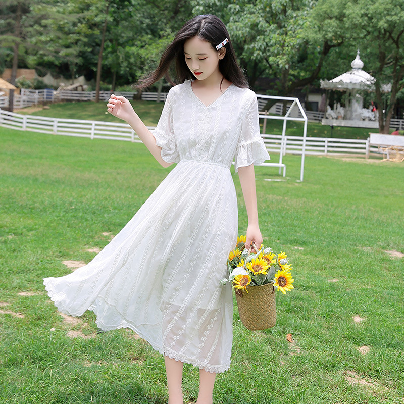 少女连衣裙夏女孩裙子公主裙长裙过膝白色2020新款高初中学生超仙