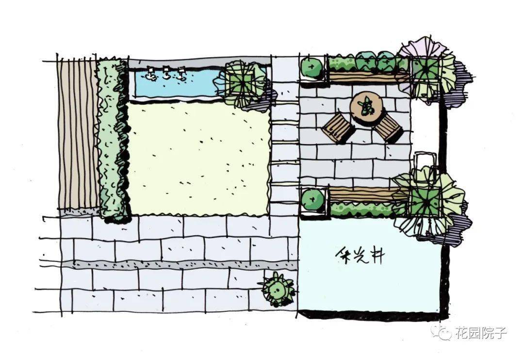 一组庭院花园实景手绘平面图与透视鸟瞰图