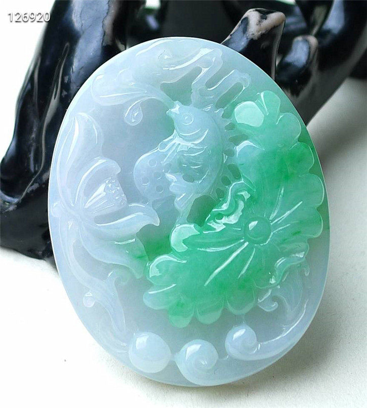 缅甸天然翡翠货老坑种精雕荷花吊坠证书颈饰