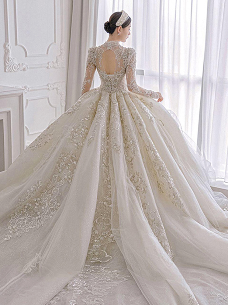 法式主婚纱2021新款新娘奢华重工长袖大拖尾女宫廷风高级质感冬季