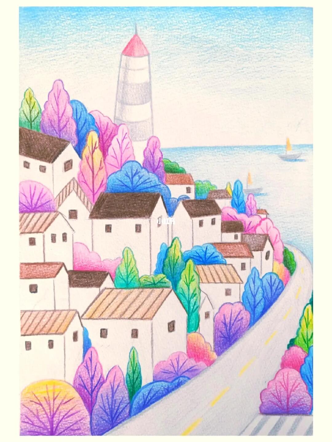 彩铅手绘入门风景画海边秋色小路房子