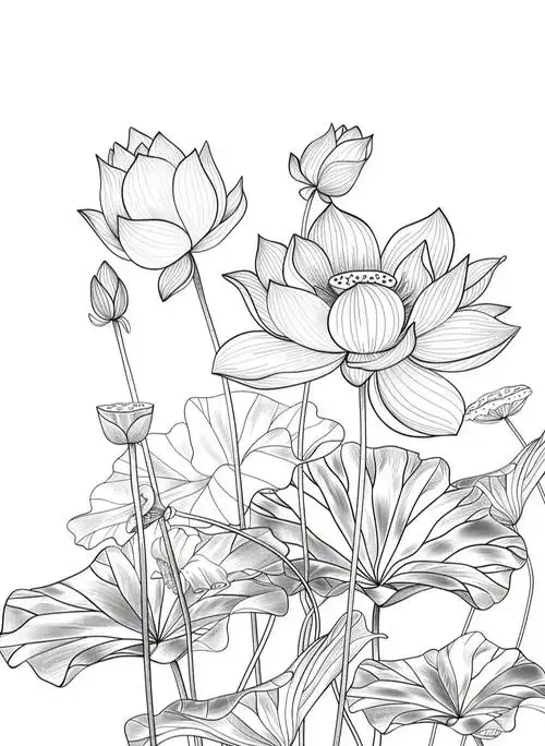 有关荷花的线描画手稿图15张,你可以跟着临摹起来