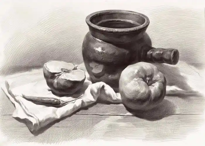 一副素描静物陶罐组合