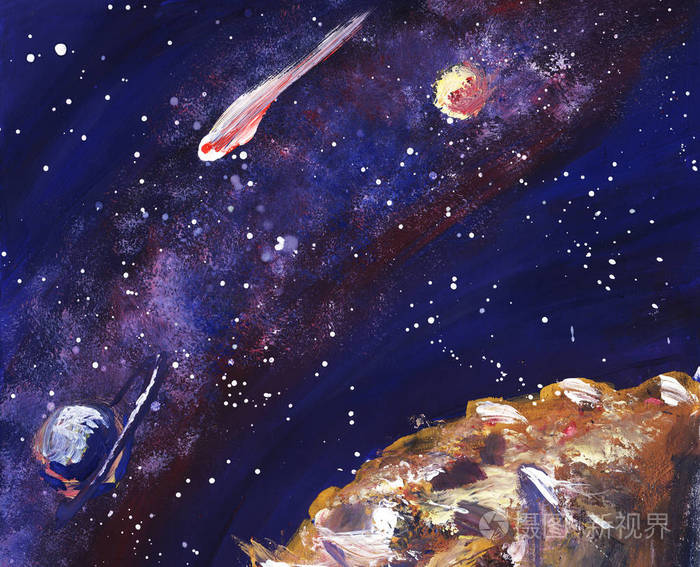 与银河系, 恒星和行星的外层空间.手绘的例证