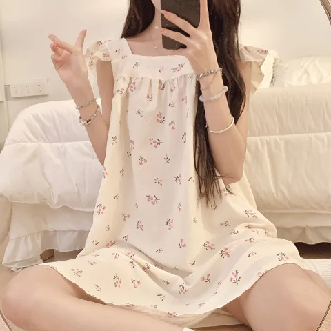 抖音直播爆款夏季睡衣女吊带裙甜美少女风休闲外穿棉麻学生家居服