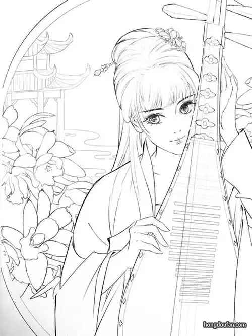 手拿琵琶弹奏音乐的古典主义美女涂色简笔画大全